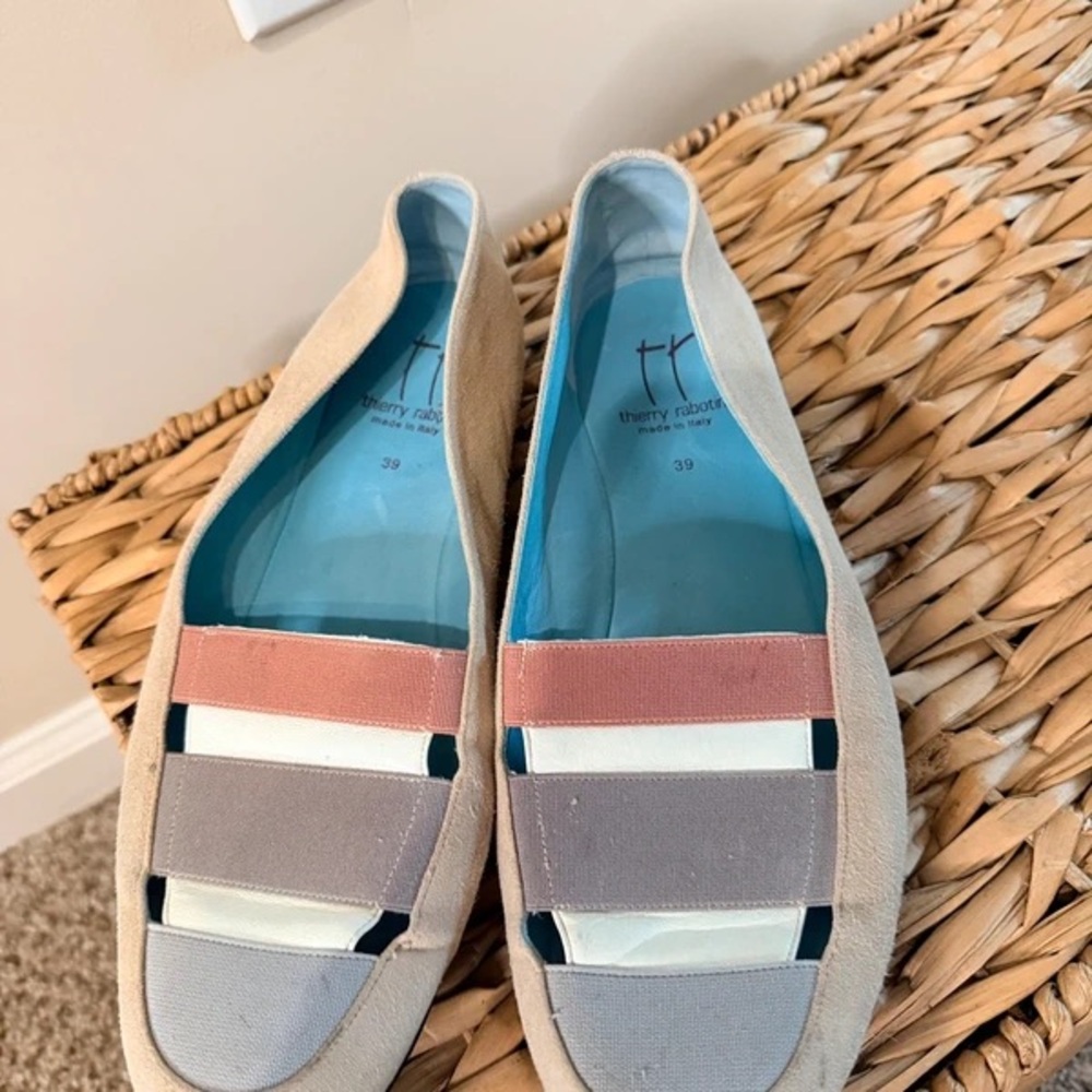 Thierry Rabotin Beige Suede Loafers with Pink, Gray and Cream Straps